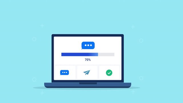 Modern flat vector animation of a laptop displaying a messaging dashboard with chat bubbles, communication status, and progress bar. Ideal for messaging apps, software, and web technology projects.