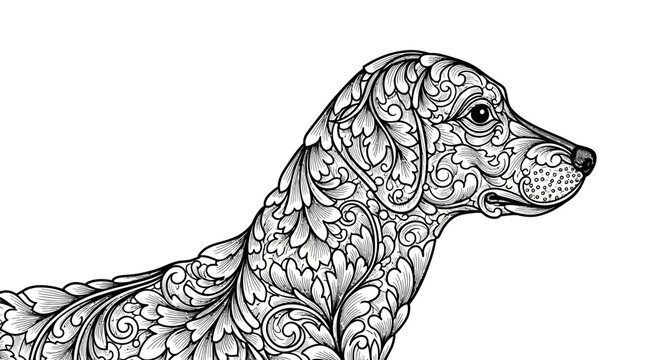 Elegant ornate dog line art illustration with intricate floral patterns. Detailed black and white doodle for coloring book page.