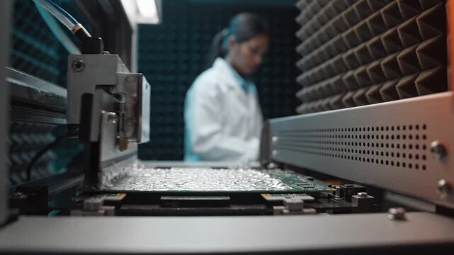 Innovative Precision in Electronics: A Skilled Technician Conducts an Intricate Procedure on a Circuit Board in a Controlled Environment for Quality Assurance