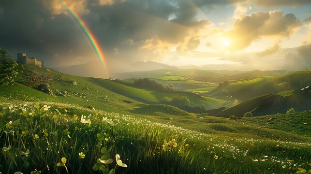 Rainbow and clover fields on a spring background. Spring background for St. Patrick's Day.