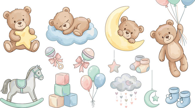 Cute Baby Teddy Bear Vector Set with Sleeping Bear on Cloud, Flying with Balloons, Rocking Horse, Blocks, and Nursery Decor Illustrations