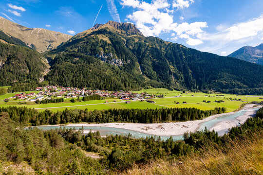 Scenic view of Elmen village and Lech river in the Tyrol Alps