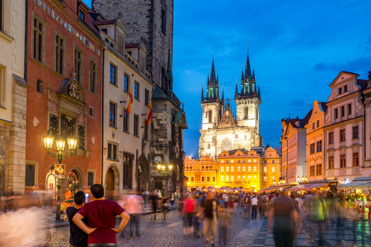 Old Town Square in Prague with Tyn Church at twilight