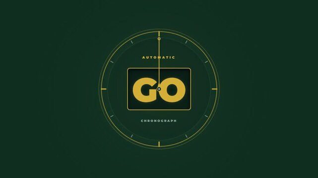 Minimalist graphic design featuring the word GO inside a stylized circular clock or gauge interface.
