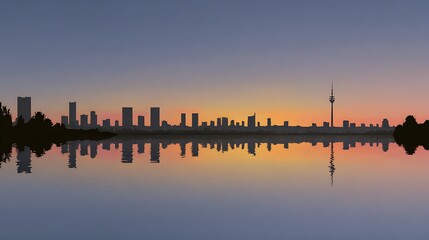 Fototapeta premium City skyline at dusk with tall buildings and a calm body of water in the foreground
