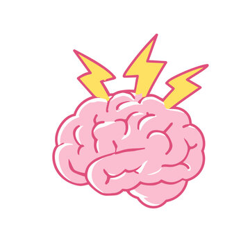 Pink brain with yellow lightning bolts vector illustration