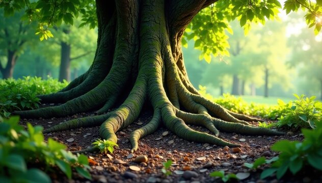 Large tree roots holding onto the ground with a giant root system, nature, tree roots