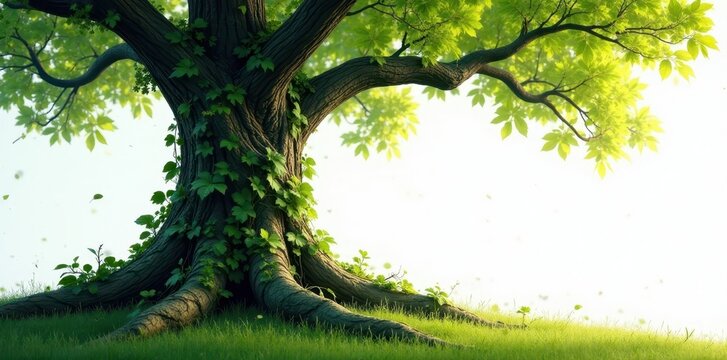 Large tree trunk wrapped in vines and leaves held by a strong branch, plant, forest scene