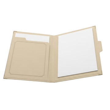 Open beige folder with pockets and paper inside