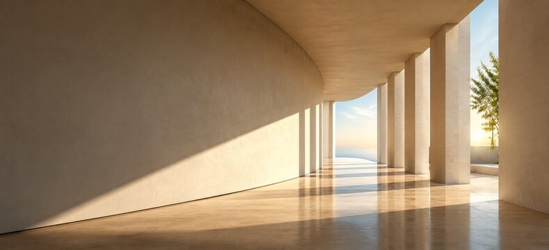 Minimal Architectural Colonnade with Ocean View and Warm Natural Light Shadows