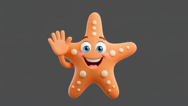 Animated orange starfish waving hello in a simple studio setting with subtle cinematic motion
