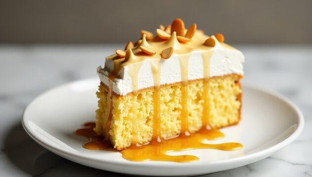 Meringue-topped cake slice on minimalist white plate, with dulce de leche drizzle and toasted almonds , cake, meringue