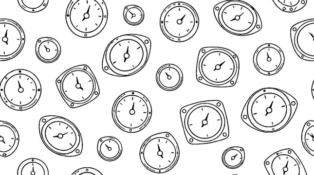 Collection of various analog clock designs in black and white.
