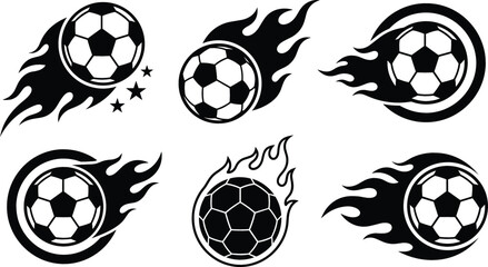 Flaming Soccer Ball Icon Collection with Fire Trail Sports Emblems Football Game Vector Illustration Set © Sufiya