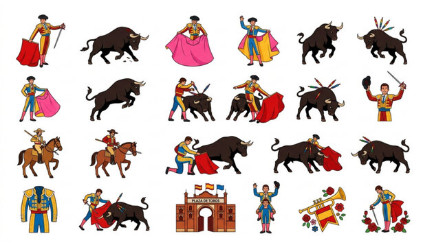 Spanish Corrida Bullfighting Cartoon Vector Icons with Matador Toreador Bull and Cultural Performance Set