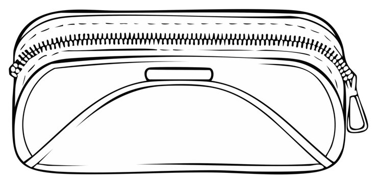 Line art illustration of a rectangular pencil case with a zipper and geometric design
