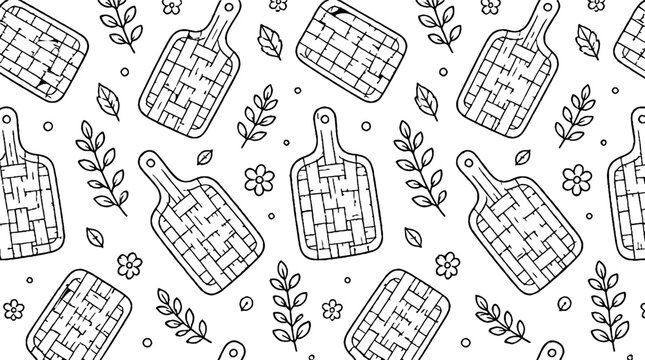 Hand Drawn Wicker Basket Pattern with Floral Accents.