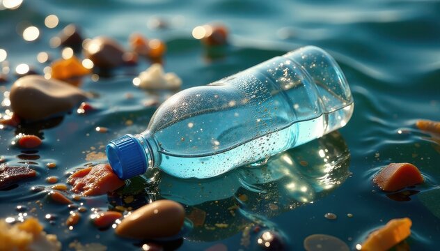 Plastic bottle half-filled with water floating in a sea of trash, environment, recycling