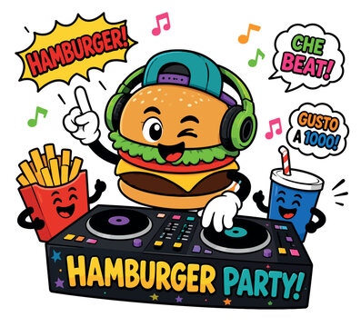 Vsai hamburger playing dj music at a fast food party