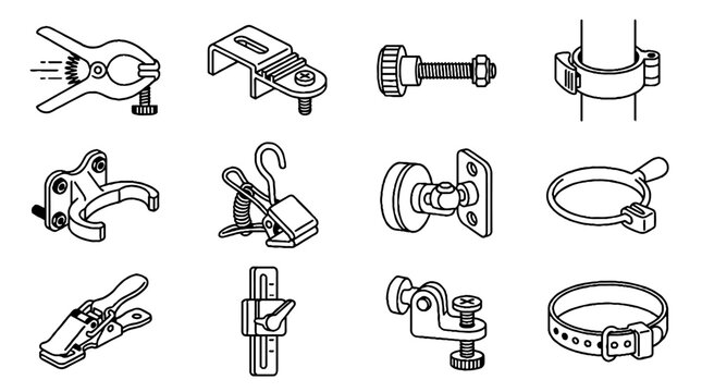 Collection of industrial hardware clamps and mounting brackets in isometric line art style.