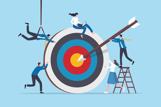 Team mission to achieve target or business goal, teamwork help or support for team objective, effort to make success outcome together, business people employee help build target arrow hit bullseye.