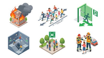 Fototapeta premium Emergency Evacuation and Fire Safety Isometric Vector Set
