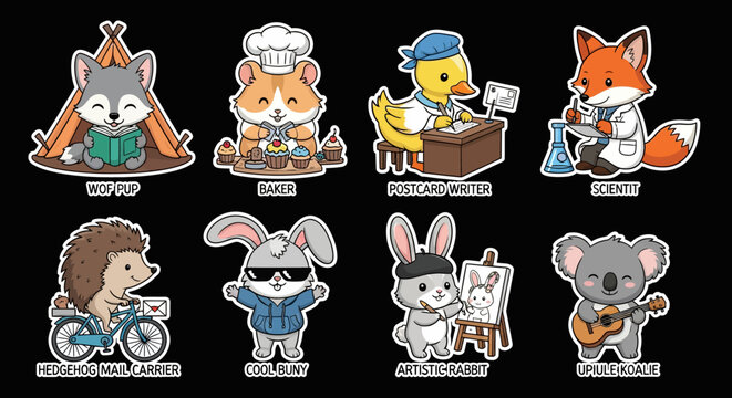 Colorful cartoon animal characters in various professions and activities.