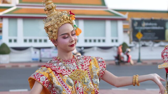 Traditional Thai Khon Dancers Performing in Front of Bangkok Temple