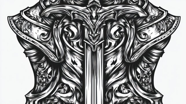 Intricate sword and armor illustration with decorative floral elements
