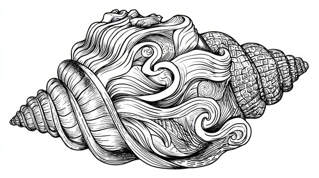 Intricate seashell illustration with detailed lines and swirling patterns isolated
