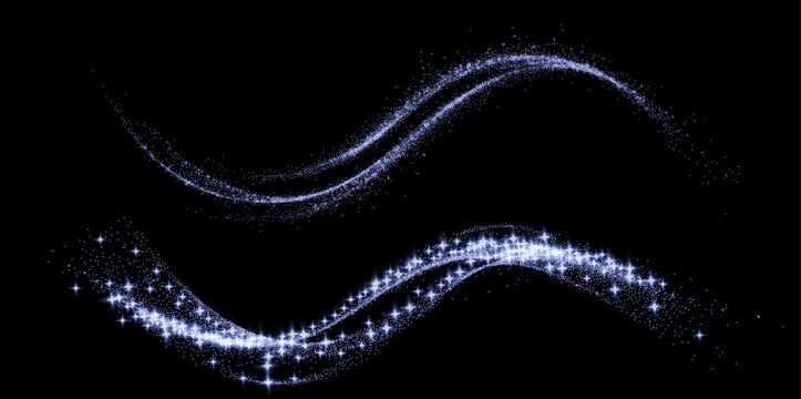ransparent png blue shimmering wave lines with sparkling star dust and glitter particles overlay isolated on dark background magical light effect elegant vector illustration splashes shiny explosion