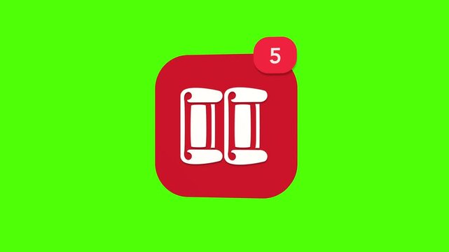 A 3D traditional red Chinese new year decorative scroll parchment with a gold auspicious blessing character notification icon popping up and rotating on a green screen chroma key background with a red