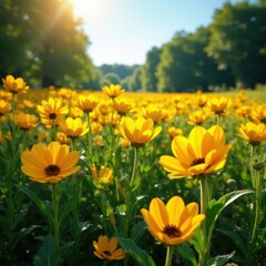 Obraz premium Sonnenblumen im Vollbl?tenstand, Bl?ten bl?hen in der Sonne , fresh, yellow