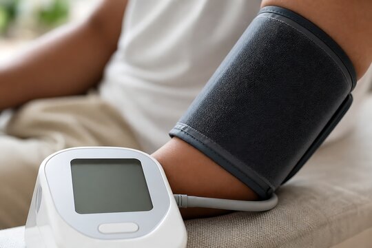 Close up of an electronic blood pressure monitor cuff wrapped around a patient's arm, reflecting healthcare diagnostics, cardiovascular checkup, and medical wellness