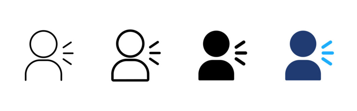 Person speaking icon. User voice symbol. Simple pictogram for talking, announcement, speech, communication, public speaking and personal expression.
