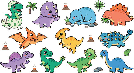 Cute Cartoon Dinosaur Vector Character Set Featuring Baby T-Rex, Triceratops, Stegosaurus, Pterodactyl, and Prehistoric Volcano Elements for Kids Graphic Graphic Designs © Shareful