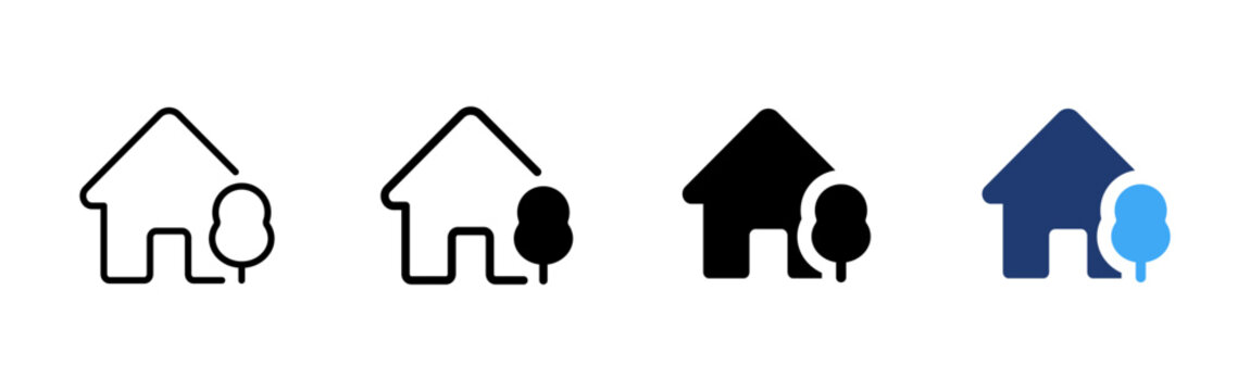 Suburban house icon. Home with tree symbol. Simple pictogram for suburb, residential property, neighborhood, family house, countryside living and real estate design.