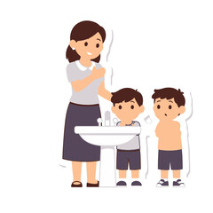 Obraz premium Mother and children washing hands at sink vector illustration