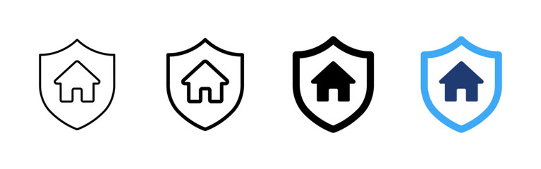 Fototapeta premium Home insurance icon. House shield symbol. Simple pictogram for property protection, residential safety, real estate insurance, secure housing and home security service.