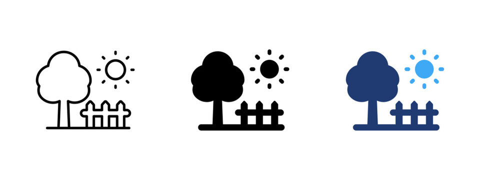 Garden yard icon. Tree fence symbol. Simple pictogram for outdoor space, backyard, landscape, residential garden, green area and property exterior.