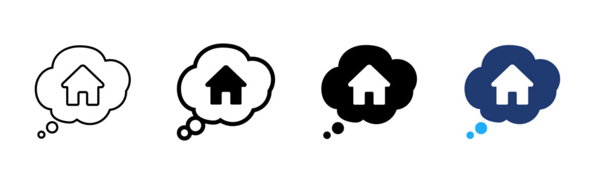 Dream home icon. House thought bubble symbol. Simple pictogram for home idea, property planning, housing dream, real estate search and residential concept.