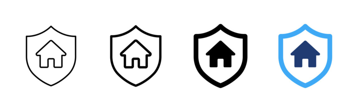Home insurance icon. House shield symbol. Simple pictogram for property protection, residential safety, real estate insurance, secure housing and home security service.