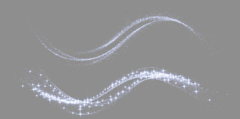 Transparent png blue shimmering particle wave lines with shiny glitter star dust explosion and sparkling magic shimmer effect overlay in white color splashes spray festive holiday particles isolated © Andrey