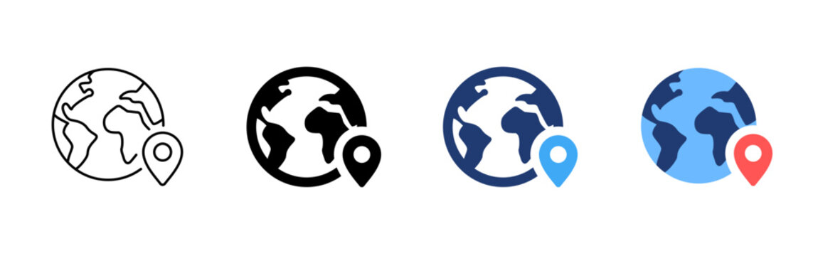 Travel destination icon. Globe map pin symbol. Simple pictogram for worldwide travel, international trip, vacation location, tourism route and geographic destination.