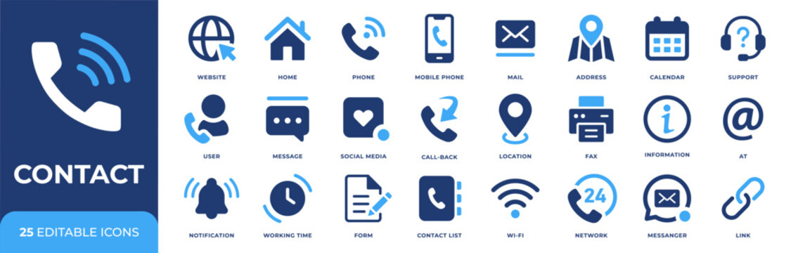 Contact icon set. Communication and support symbol collection. Editable pictograms for phone, email, website, address, message, customer service, notification and online contact design.