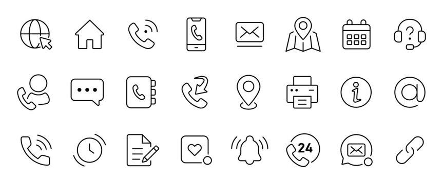 Contact icon set outline. Communication and support symbol collection. Editable pictograms for phone, email, website, address, message, customer service, notification and online contact line design.