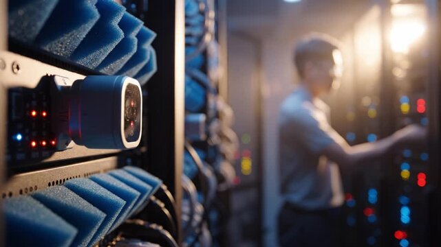 Surveillance Camera Monitoring Data Center Activities with Focus on Equipment in a Dimly Lit Environment Featuring Server Racks and Personnel Interactions