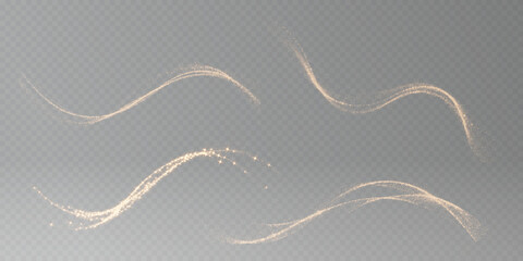 gold Transparent png with golden sparkling glitter wave trails and stardust light magic dust glowing particles elegant overlay effect decoration grey black background trail glistering sparkle shining © Andrey