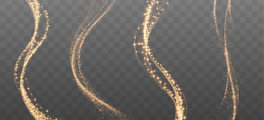 gold Golden sparkling light trails with magic dust and glowing particles on elegant transparent white wave overlay png transparent png glitter stardust grey background trail glistering sparkle luxury © Andrey