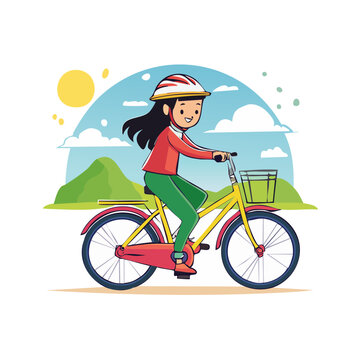 Girl riding a bicycle in a scenic outdoor illustration